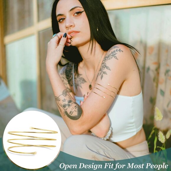 6Pcs Arm Cuff Upper Arm Band Chunky Gold Cuff Bracelets for Women Adjustable Upp - Picture 4 of 6